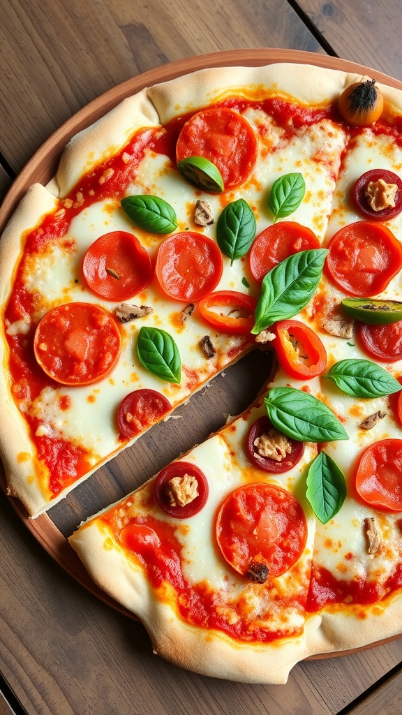 Creative Pizza Ideas for Every Occasion A freshly baked pizza with cheese, pepperoni, and vegetables on a wooden table.